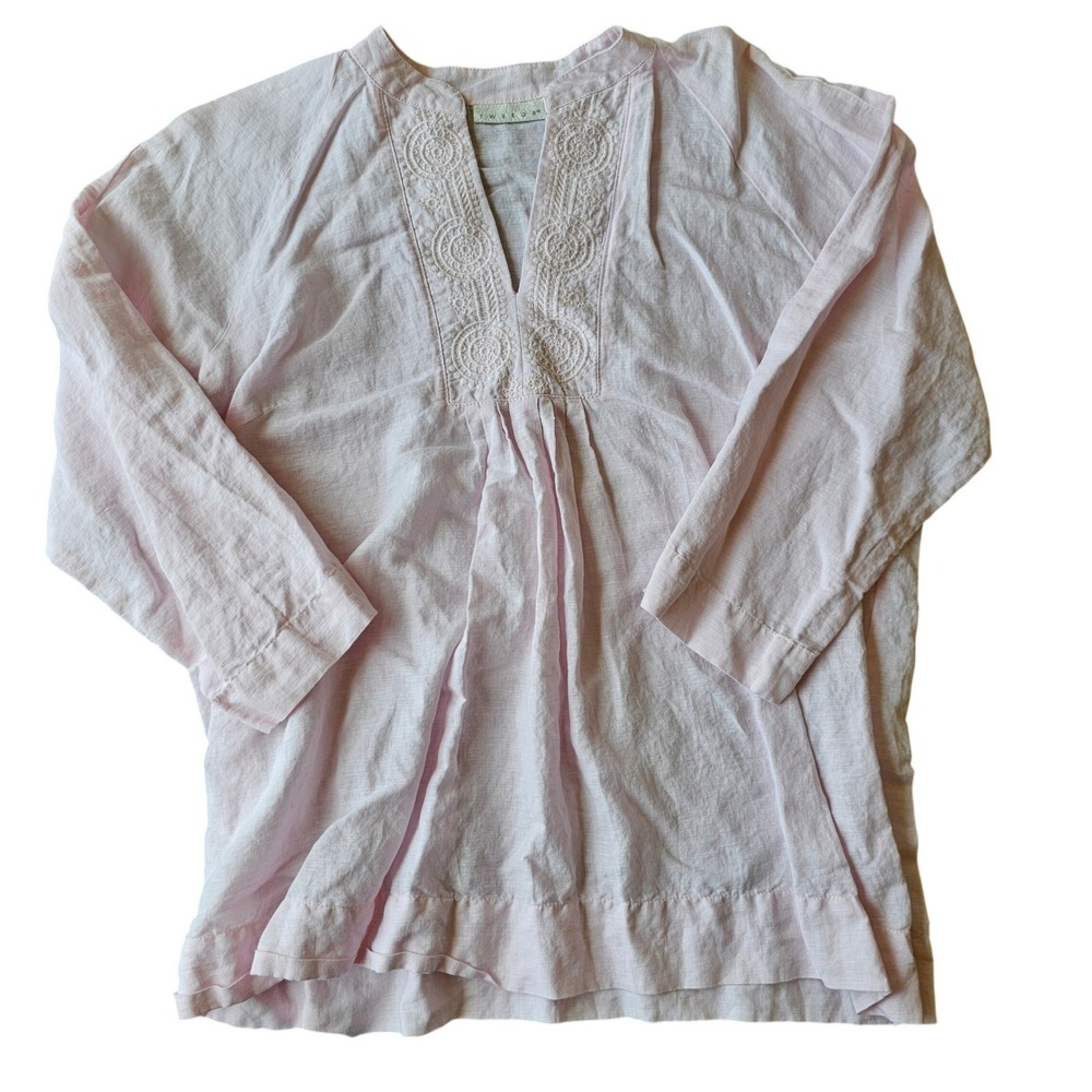 Tweeds Pink Linen Cotton Embroidered V-Neck Tunic Blouse Top Womens Medium EUC